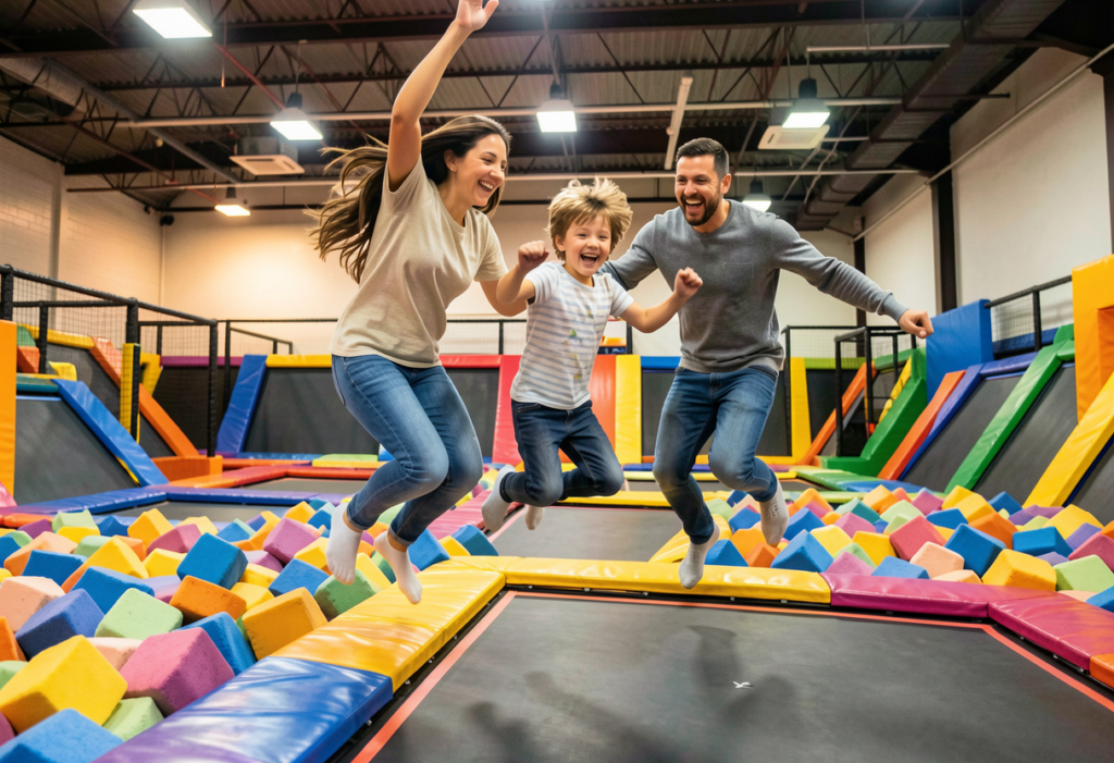 parents and children-midair at indoor trampoline park